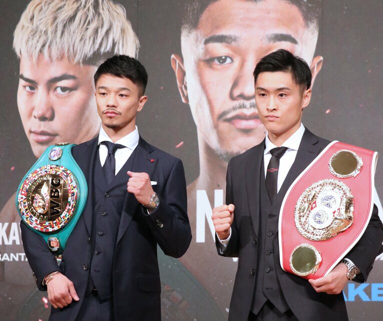 4月18日の会見で中谷潤人と西田凌佑の王者統一戦が6月8日に有明コロシアムで行なわれることが決定した　©︎JIJI PRESS