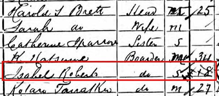 赤枠内がイザベル・ロバート。その上にはK Natsume と夏目漱石（夏目金之助）の文字が見える