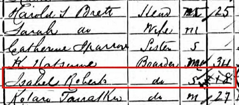 赤枠内がイザベル・ロバート。その上にはK Natsume と夏目漱石（夏目金之助）の文字が見える