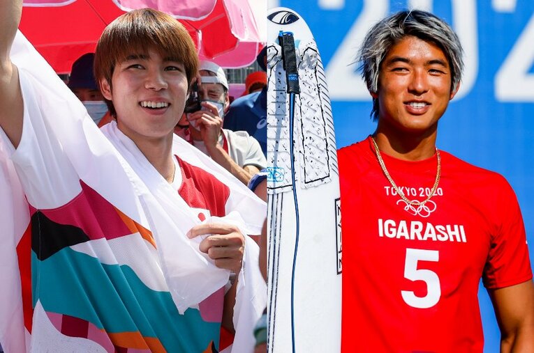 “金メダルを獲る”と約束をした堀米雄斗と五十嵐カノア。2人は、スケートボードとサーフィンを舞台に世界で活躍する若きカリスマだ ／ photograph by JMPA