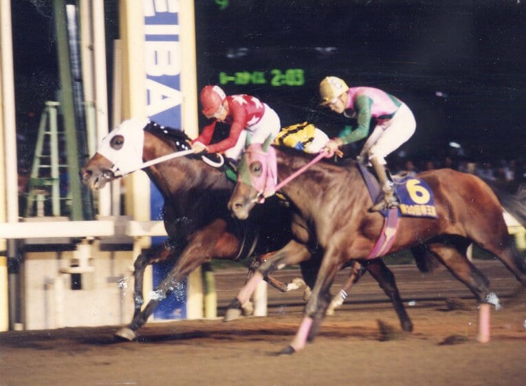 武豊が騎乗する1番人気のバトルライン（内）を競り落とし、アブクマポーロの強襲を抑えた　協力：TCK（東京シティ競馬）