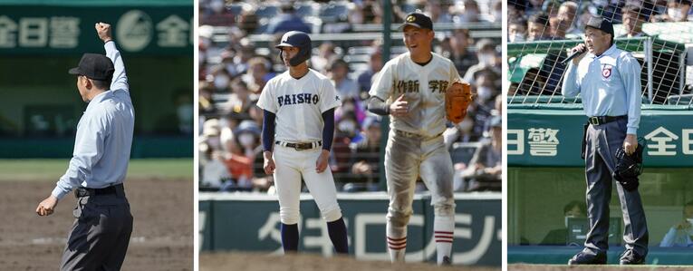 作新学院vs大分商の初戦。大分商は逆転のチャンスで外野に飛球→帰塁の際に一塁ランナーが二塁を踏んでいなかったとして、アピールプレーで試合終了に　©KYODO