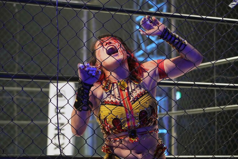 顔を血で染めながら金網をよじ登る林下詩美