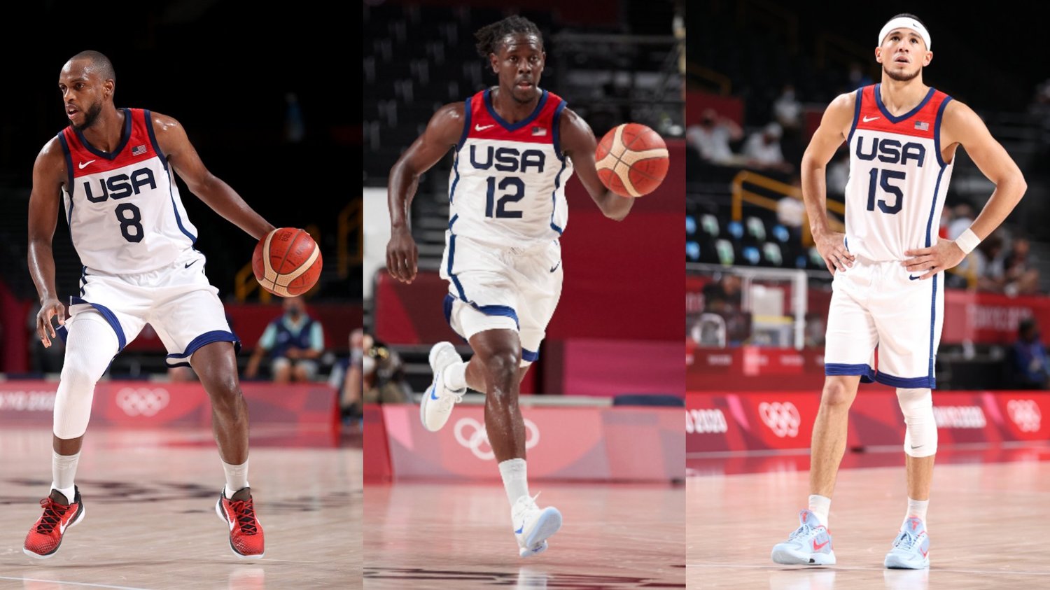 NBAファイナルの影響で合流が遅れた（左から）クリス・ミドルトン、ドリュー・ホリデー、デビン・ブッカー　©︎Getty Images