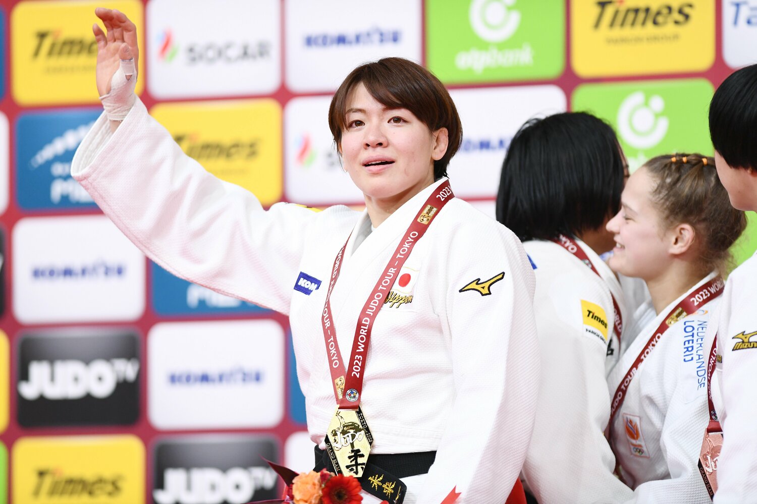 2023年12月、柔道グランドスラム東京大会。表彰台で涙を流す高市未来（旧姓：田代） ©︎Itaru Chiba