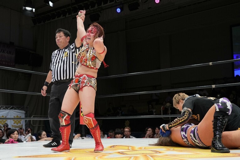 ボジラに勝利し、ワールド王座初防衛に成功したSareee　©Essei Hara