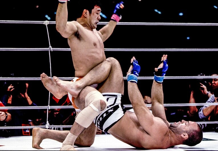 ヴァンダレイ・シウバ相手にプロレス技の「モンゴリアンチョップ」を繰り出す桜庭