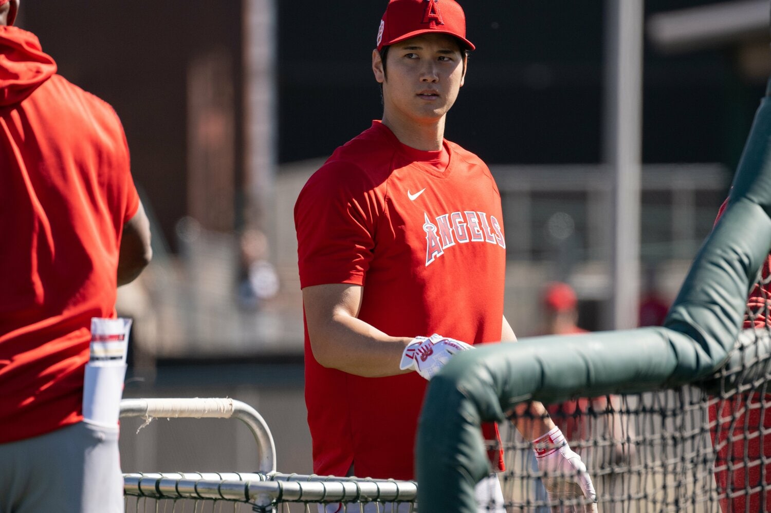 キャンプ中の大谷。シャツ姿になると胸板の分厚さがよく分かる　©Nanae Suzuki