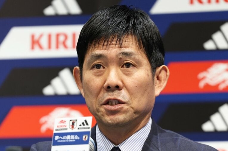 11月7日、W杯予選に臨む日本代表メンバー発表会見での森保一監督。27人の人選について「これがベストメンバー」と語った ／ photograph by JIJI PRESS