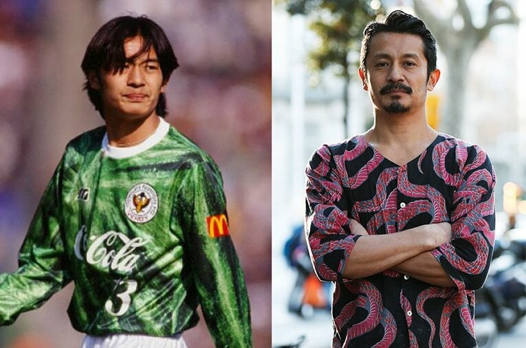 94年ヴェルディ川崎時代の石塚（左）と2019年バルセロナでの石塚 ／ photograph by J.LEAGUE／Daisuke Nakashima