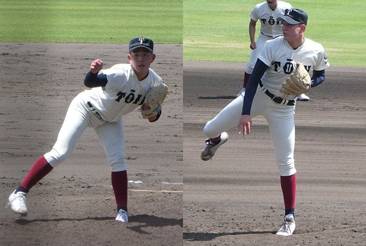 近畿大会で背番号1を任された竹中（左）とダイナミックなフォームで投げ込む長身の川原　©︎Noriko Yonemushi