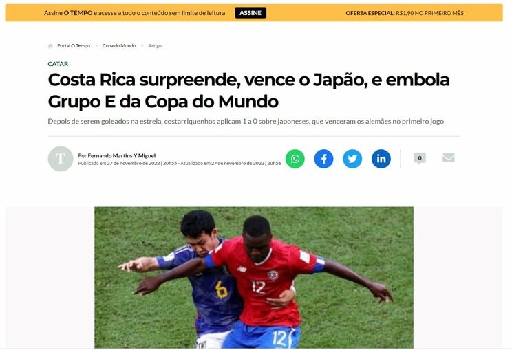 「コスタリカがまさかの勝利。日本を下してE組を混乱に陥れる」（日刊紙「オ・テンポ」）