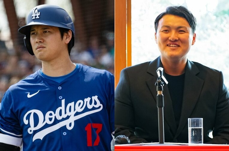 ともに岩手・花巻東出身の大谷翔平（ドジャース）、佐々木麟太郎（スタンフォード大進学） ／ photograph by L)Nanae Suzuki, R)JIJI PRESS