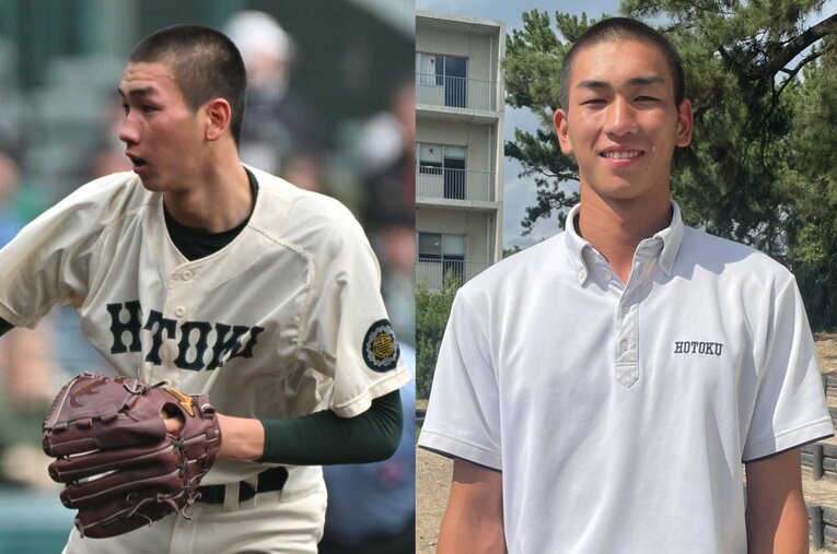 優勝候補の一角とされながら初戦で大社に敗れた報徳学園のエース・今朝丸裕喜。高校生No.1の呼び声も高い右腕はチームの敗北をどう受け止めたのだろうか？ ／ photograph by (L)Hideki Sugiyama、(R)Fumi Sawai