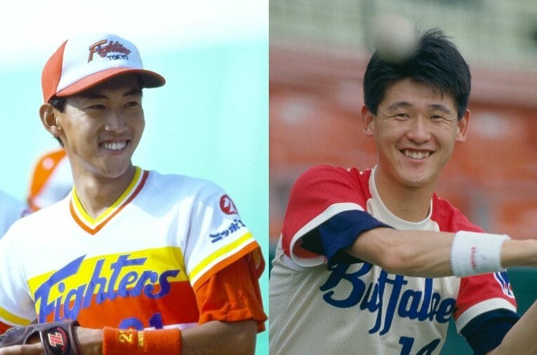 スーパールーキーとして新人王を争った西崎と阿波野。10年後、それぞれ違うユニフォームをまとって日本シリーズで再戦した ／ photograph by Takahiro Kohara(L)/Makoto Kemmisaki(R)