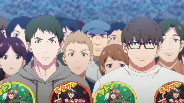 ますおとみなみの2人はキタサンブラックとサトノダイヤモンドのうちわを両手に持つ　©2023 アニメ「ウマ娘 プリティーダービー Season 3」製作委員会