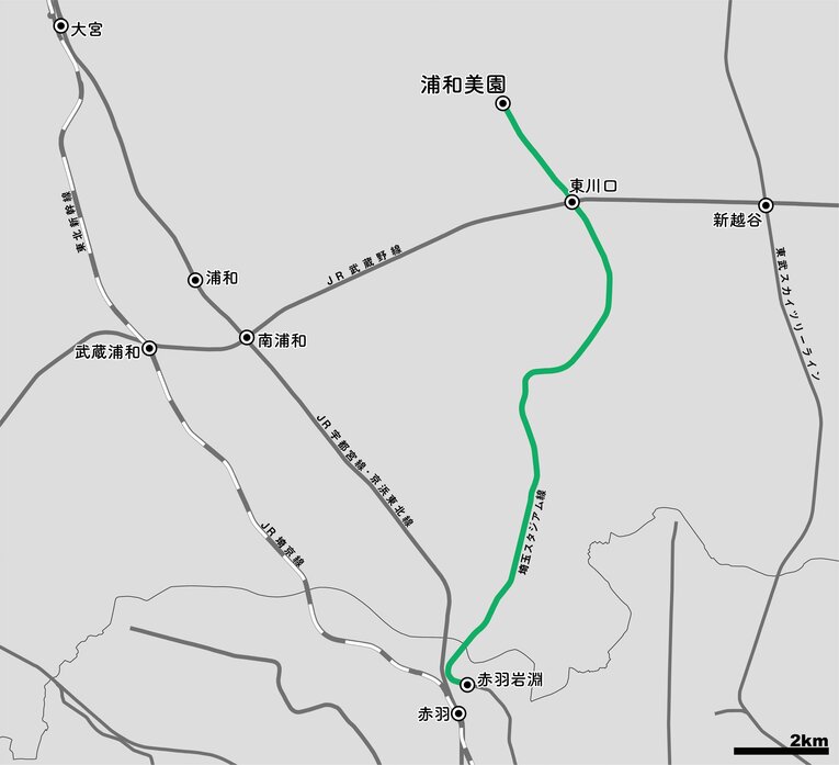 今回の路線図。南北線は赤羽岩淵駅で終わり、そこからは埼玉スタジアム線に入る