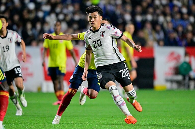 3月28日の日本vs.コロンビア戦にスタメン出場もシュートは0本で、前半終了後に交代となった町野修斗。湘南ベルマーレに戻り、ゴール連発のストライカーが語ったのは… ／ photograph by Takuya Nakachi／JMPA