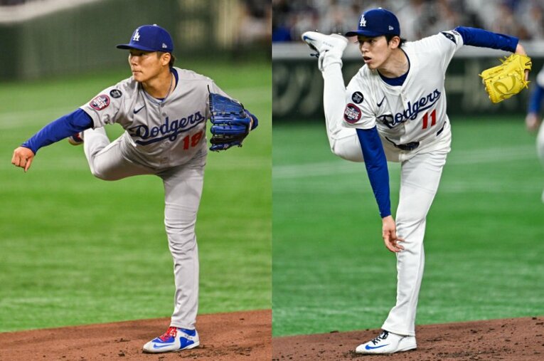 東京ドームでのMLB開幕シリーズで先発した山本由伸（左）と佐々木朗希。ドジャースの正捕手ウィル・スミスが二人の日本人投手について開幕前に語っていたこととは？ ／ photograph by Nanae Suzuki