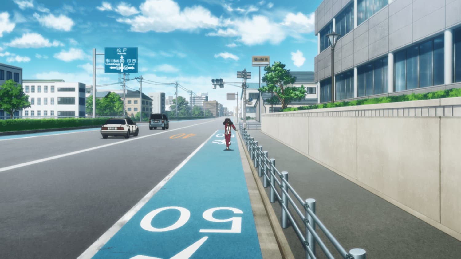 キタサンブラックが中山レース場に向かって走るシーン。一見、普通の大通りに見えるが…　©2023 アニメ「ウマ娘 プリティーダービー Season 3」製作委員会