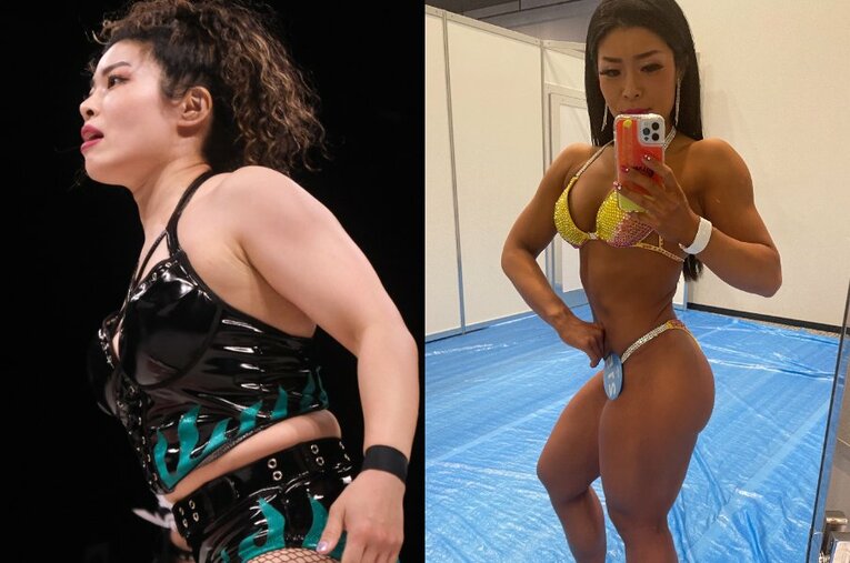 Evolution所属の新人女子レスラー・ZONES。右写真はボディコンテスト出場時の肉体 ／ photograph by Norihiro Hashimoto、本人提供
