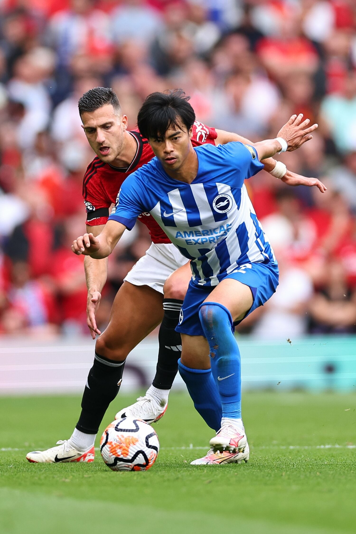 マンUのDFダロットとマッチアップした三笘 ©Getty Images