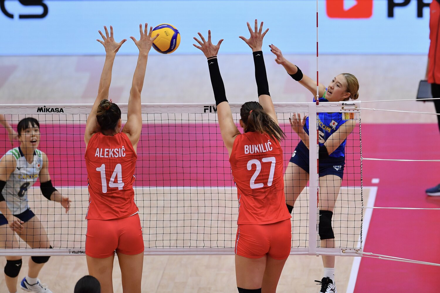 身長191cmブキリッチ（27番）の高いブロックにも果敢にスパイクを放つ佐藤淑乃　©︎Vachira Vachira/NurPhoto via Getty Images