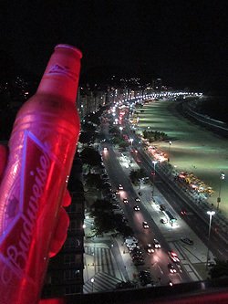 ホテルの窓から見えたコパカバーナの長いシーサイド。バドワイザーを片手に夜景を堪能する。
