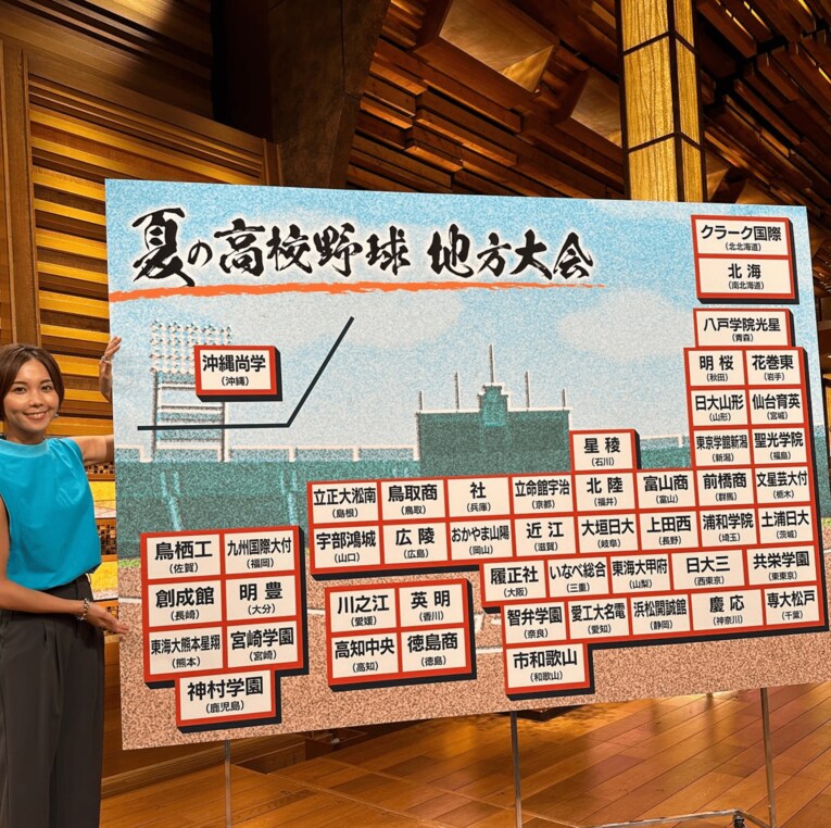 『報道ステーション』で地方大会を結果を伝えるヒロドアナ。6月の取材時によりも、こんがりと日焼けした様子が窺える（本人インスタより）