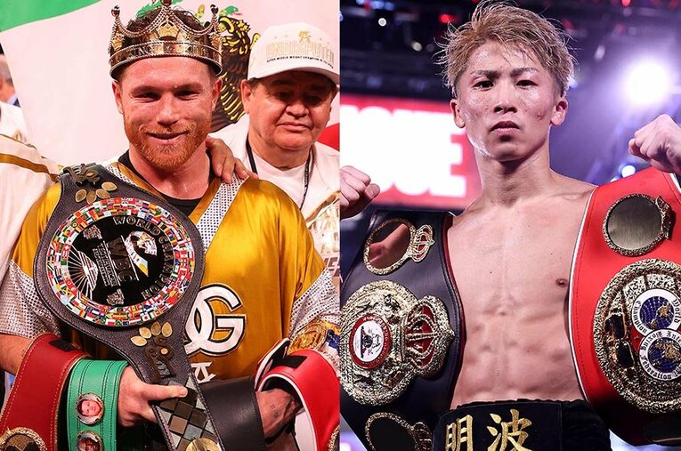 史上2位の超スピードで「スーパーミドル級統一王者」となったカネロことサウル・アルバレスと、井上尚弥 ／ photograph by Getty Images