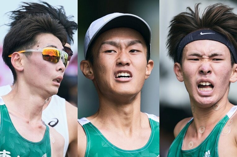 左から高槻(4年)、前田（1年）、並木（4年）の3人。いずれも1万ｍで27分台に迫る、大学トップクラスの実力を持つ。箱根本戦で1～3区に並んだら…？ ／ photograph by Yuki Suenaga