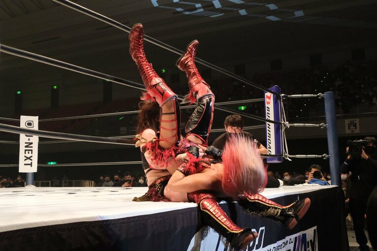 固いエプロン部分でのすずのパイルドライバー