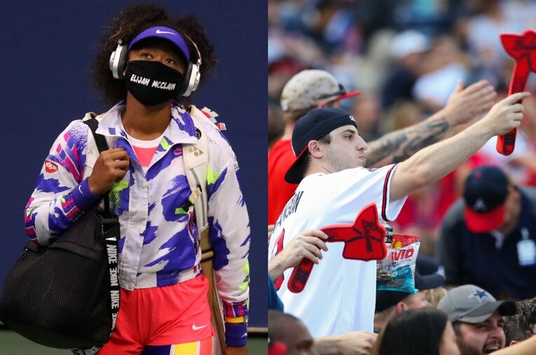 （左）亡くなった7人の名前を記したマスクを着用した大坂なおみ、（右）ブレーブスの応援として行われる「トマホーク・チョップ」 ／ photograph by Getty Images