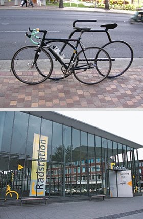 （上）ハワイのユル～イ駐輪場。直観的に使い方も分かる。（下）あまりにも立派なドイツの駐輪場。建物内部も、隙間なく自転車が詰め込めるようになっている