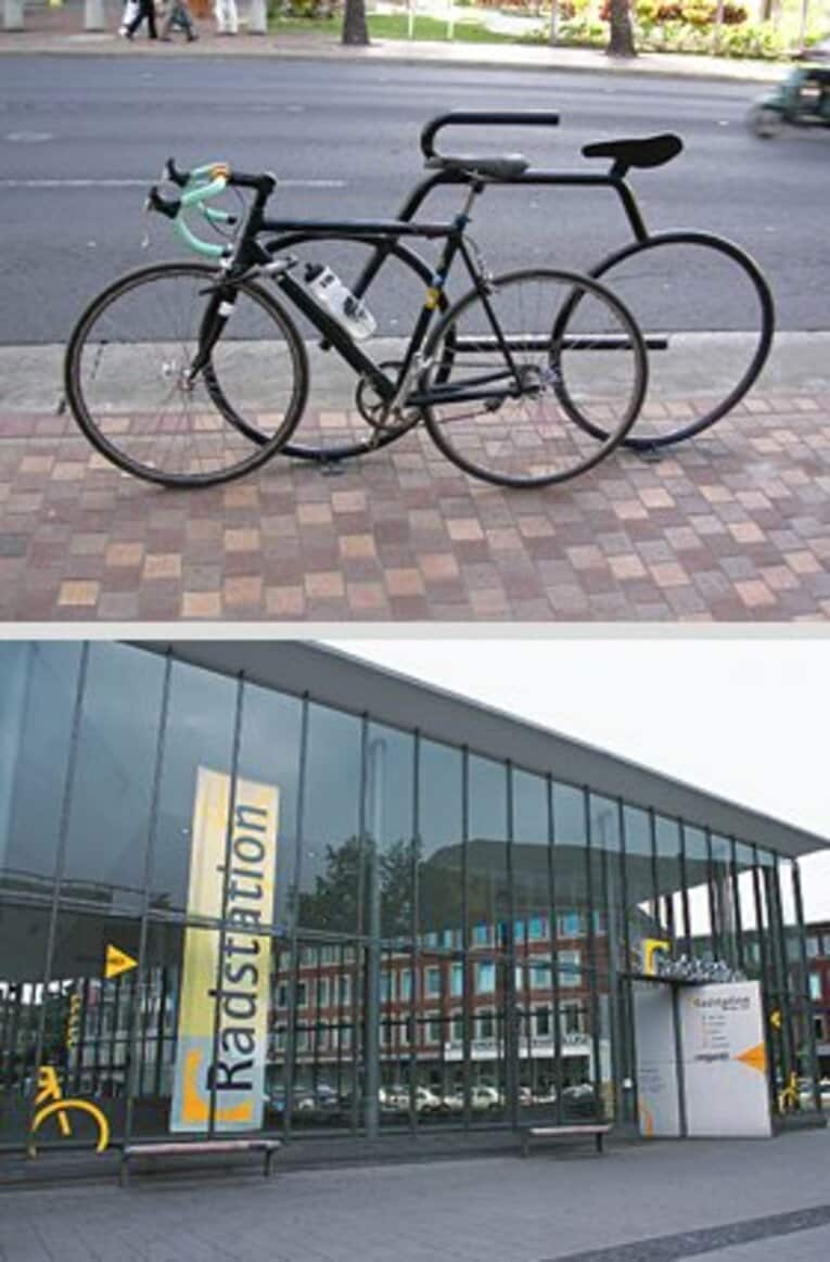 （上）ハワイのユル～イ駐輪場。直観的に使い方も分かる。（下）あまりにも立派なドイツの駐輪場。建物内部も、隙間なく自転車が詰め込めるようになっている