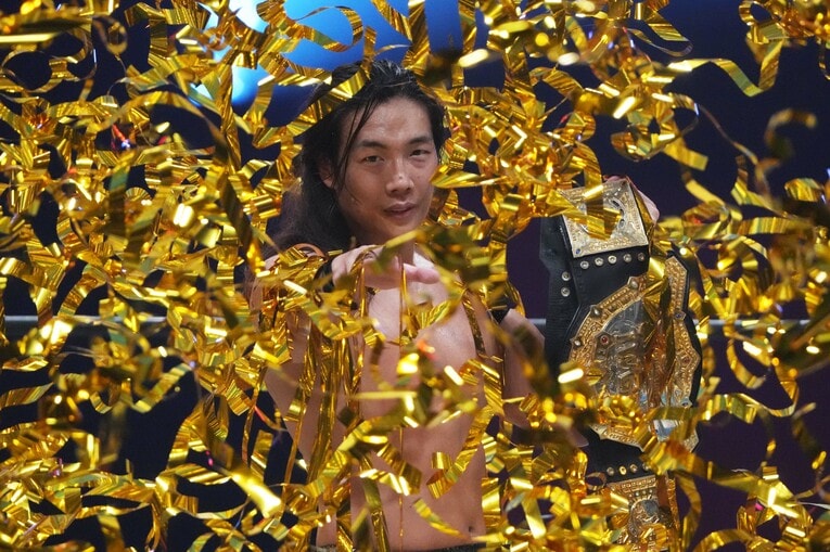 IWGP世界ヘビー級王座の防衛に成功した竹下幸之助。11月2日、岐阜メモリアルセンターで愛ドーム　©Essei Hara