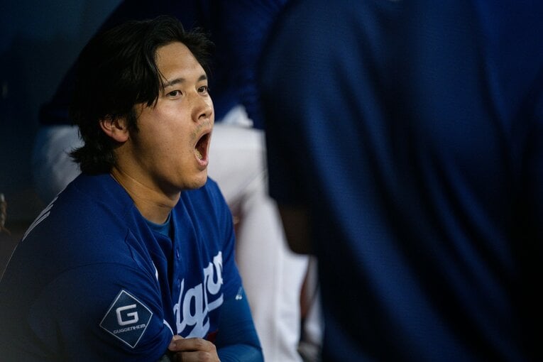 ドジャース再合流後の試合での大谷。時差ボケかしら……？（写真は右に続きます）　©Nanae Suzuki