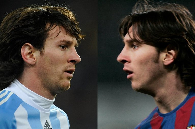 それぞれ2010年W杯アルゼンチン代表、2006年バルサのメッシ。不世出の天才は34歳の今もなおサッカー界の頂点にいる ／ photograph by Takuya Sugiyama