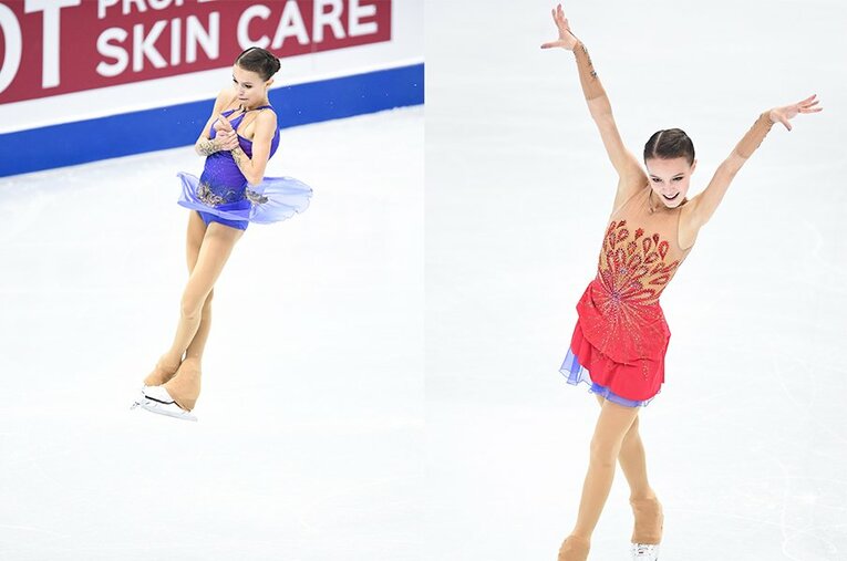 2019-2020シーズン、シェルバコワはFSの演技中、衣裳を青から赤に一瞬で変えていた。 ／ photograph by Asami Enomoto