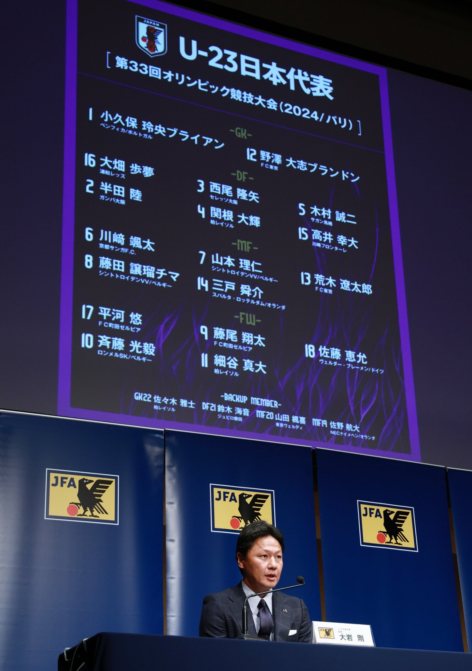 7月3日の発表会見。大岩剛監督の18人リストに松木玖生の名前はなかった ©JIJI PRESS