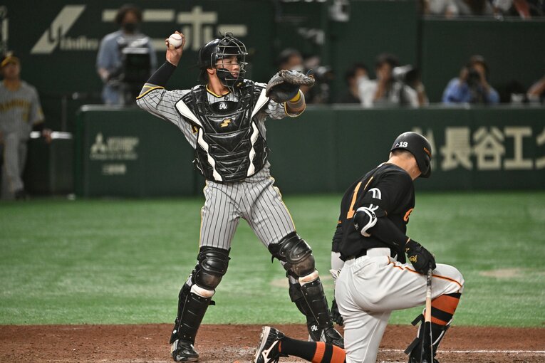 シーズン前半は梅野が1番手捕手だったが、8月に左手を骨折したこともあり2番手だった坂本が台頭　©Hideki Sugiyama