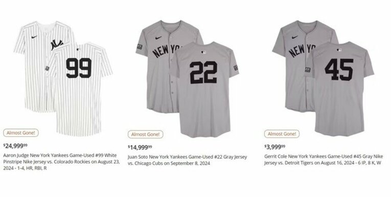 ヤンキース、スター選手の実使用ユニフォームと価格　※MLB Official Storeより