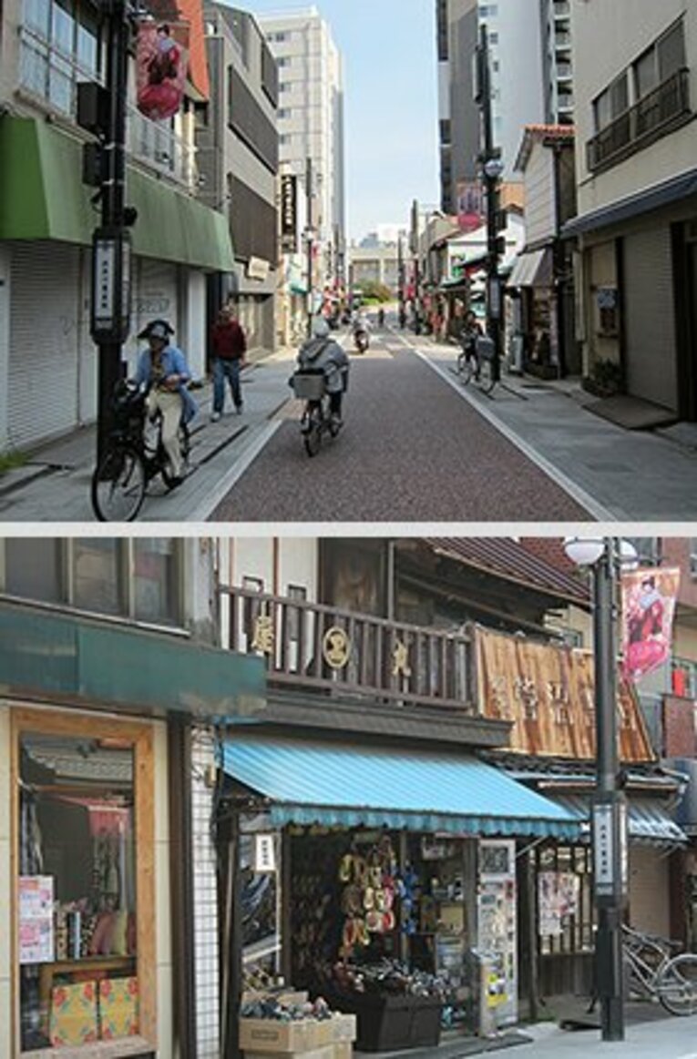 【写真上】 道の両側には石畳が敷かれている北品川商店街。古き良き景観の保護活動も進めているという。
【写真下】 「丸屋」さんは靴屋ではなく、あくまでも「下駄屋」なのでした。慶應元年（1865年）創業。　