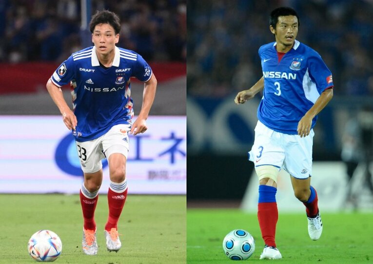 横浜F・マリノスの期待の若手センターバック角田涼太朗（左）と8月4日に命日を迎えたマリノスのレジェンド松田直樹（右） ／ photograph by Y.F.M/BUNGEISHUNJU
