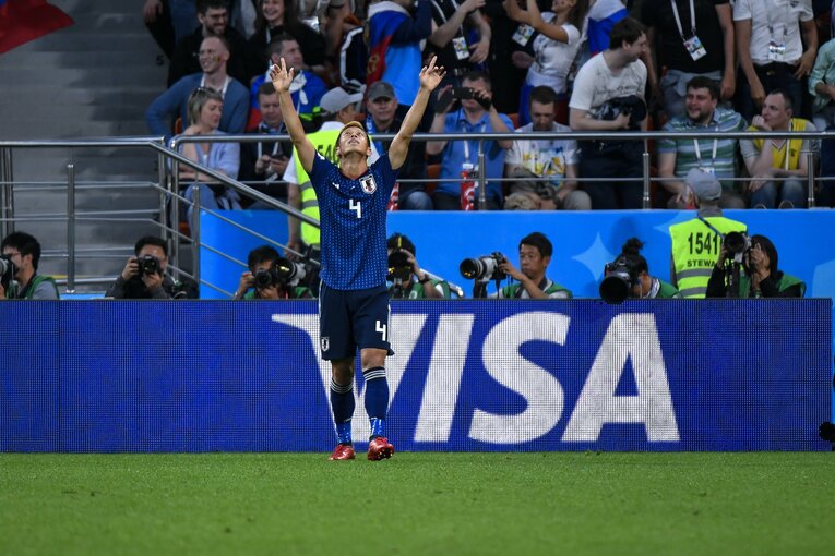 2018年ロシアW杯セネガル戦で日本代表選手最多のW杯通算4点目となるゴールをあげた本田　©︎JMPA