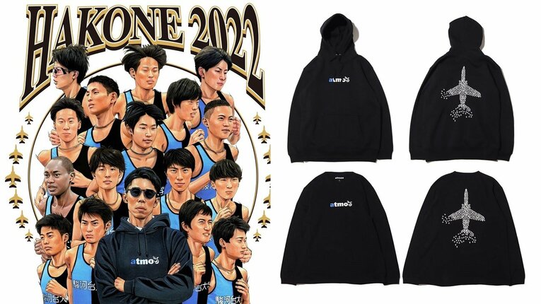 人気イラストレーター田村大が手掛けたポスターには16人の選手と中央に徳本が。右はオリジナルアパレルのデザイン　©駿河台大学陸上競技部