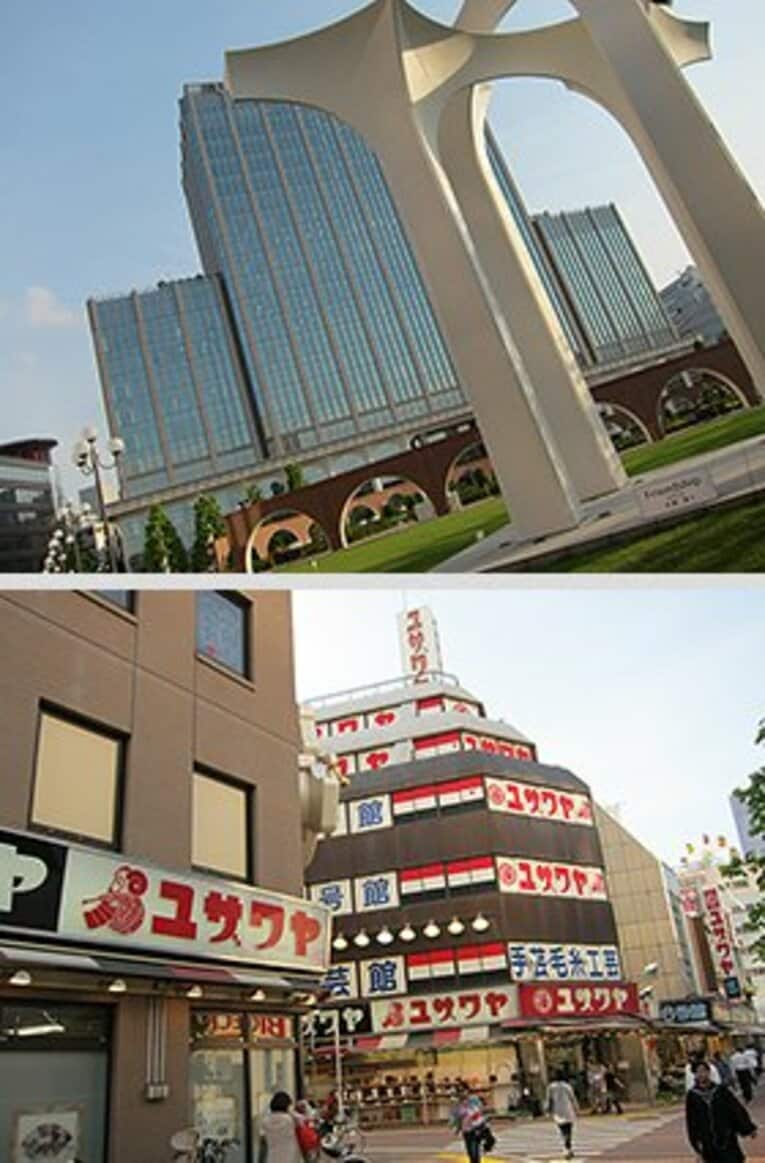 【写真上】 あまりにも壮麗な、総合専門学校の日本工学院本部ビル。
【写真下】 蒲田の地名は「ユザワヤ」に変わるかも？　と、見まごう駅前の風景。西蒲田に鎮座するユザワヤ本社の威光である