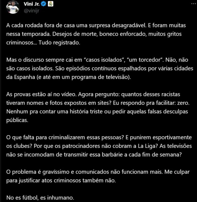 ビニシウスは自身のTwitterで人種差別への怒りを示した（2／全3枚）　※スクリーンショット