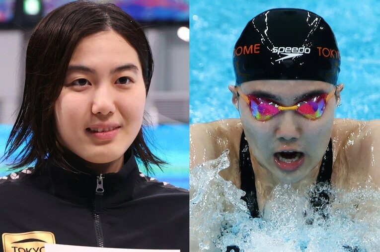 パリ五輪200ｍ個人メドレー代表に選ばれた早大4年の松本信歩（東京ドームスポーツ）。どの種目もバランスよく泳げる強さが魅力だ ／ photograph by (L)AFLO、(R)Getty Images