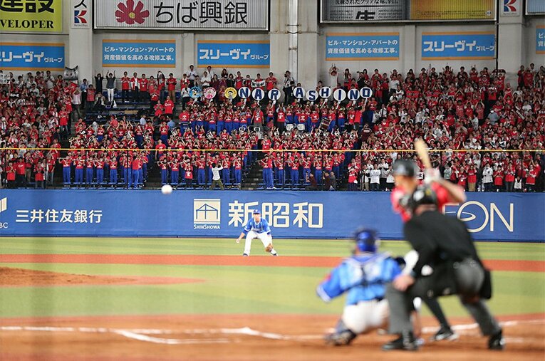 昨年のロッテと習志野高校吹奏楽部合同の応援風景。この試合は大好評で、今年も入場券は完売必至だ。 ／ photograph by (C)Chiba Lotte Marines